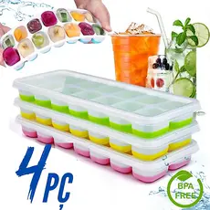 Kit 1-4 Formas de Gelo Silicone com Tampa Rígida Flexível Fundo 14 Cubos Retangular Multiuso Lavável sortidas