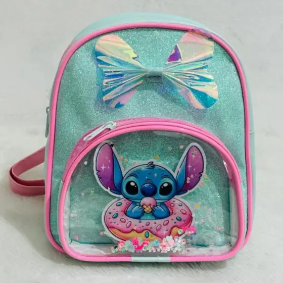 mochila infantil menina Stich com detalhe de laço e lentejoulas ideal para parque , caminhada