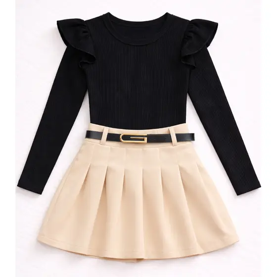 Conjunto Infantil 2 Peças blusa manga longa + short saia com cinto Menina tamanhos 4,6,8,10,12