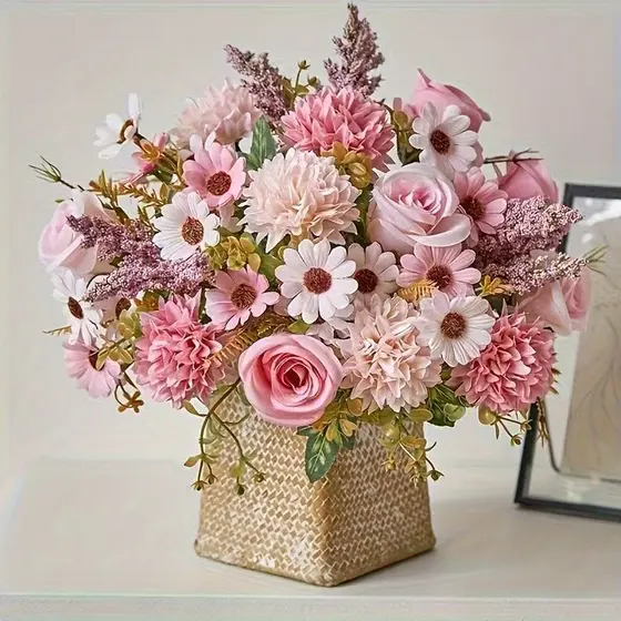 Flores artificiais, 7 cabeças de rosas e crisântemos de outono --9618