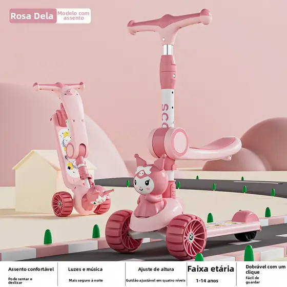 Patinete infantil dobrável 3 em 1 com assento