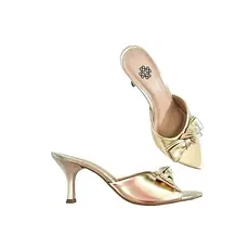 Tamanco Feminino Bico Folha Laço Dourado Moda Mulher Salto Fino sandália tamanco