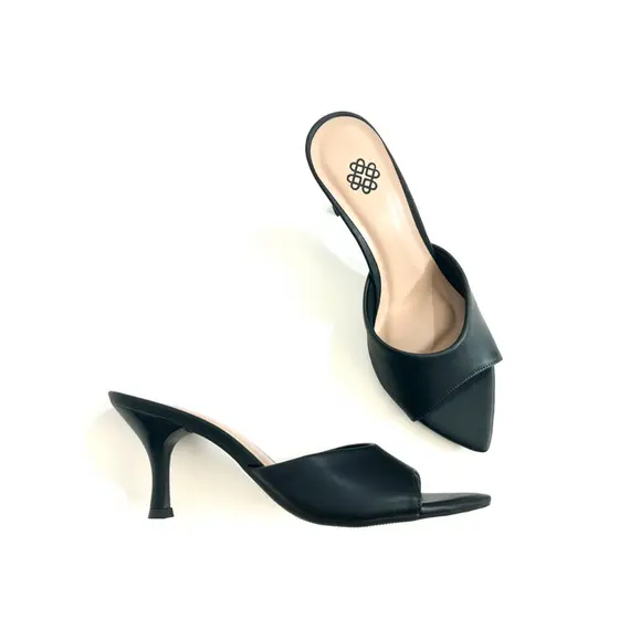 Tamanco Feminino Bico Folha LISO Preto Moda Sandália Mulher Salto Fino