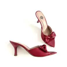 Tamanco Feminino Bico Folha Laco Vermelho Moda Sandália Mulher Salto Fino