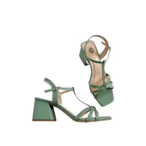 Sapatos Femininos Sandália Feminina Verde Salto grosso médio Bico Quadrado Confortável