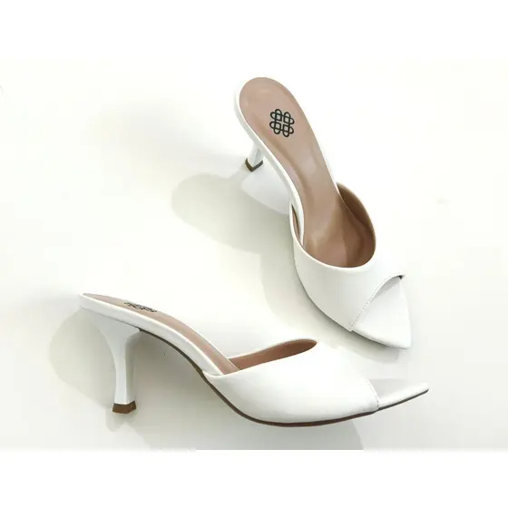 Tamanco Feminino Bico Folha LISO Branco Moda Sandália Mulher Salto Fino