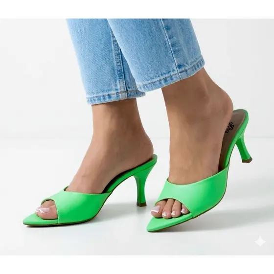 Sandália Tamanco Feminino Bico Folha Laço Verde Moda Sandália Mulher Salto Fino Médio
