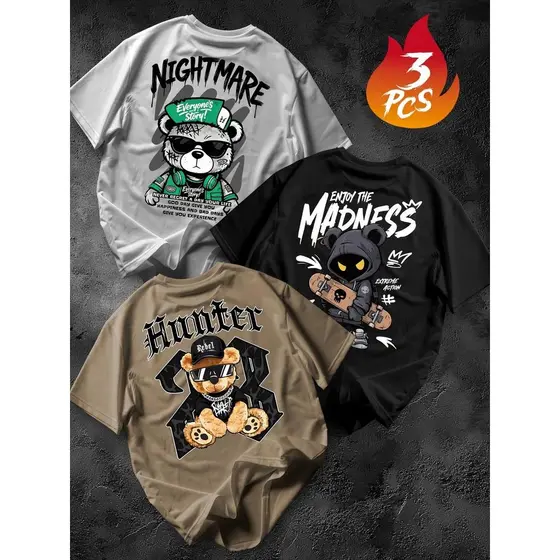 Kit 3 peças Camiseta Masculina Algodão Premium Adulto Plus Size Infantil Streetwear Madness Hunter Night Mare Moda over