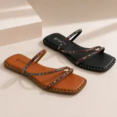 Rasteira Feminina Tiras de Strass Colorido Rasteirinha Flat Brilho Estilosa Tiras Verão Confortável