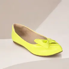 Sapatilha Feminina Verniz Amarelo Neon Bico Redondo Com Enfeite Laço Flat Sola Baixa Casual Dia a Dia