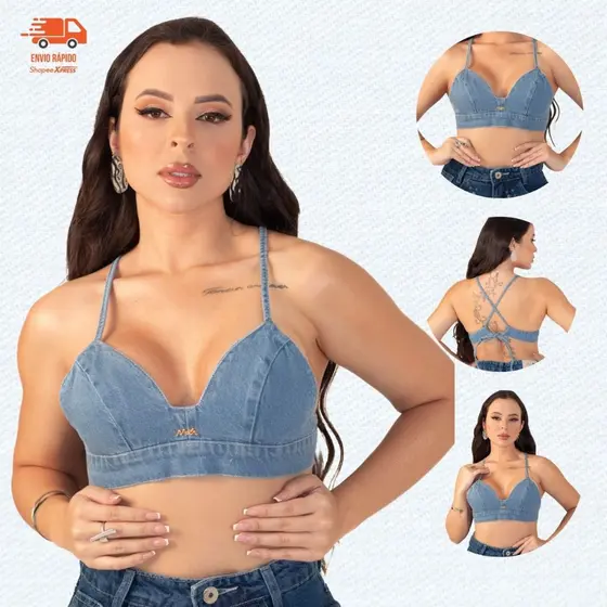 Cropped Top Jeans Medio Feminino Sem Bojo Ajustável Blogueira
