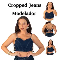 Top Cropped Jeans Azul Escuro Alcinha Sem Bojo Feminino Com Regulagem Modelador