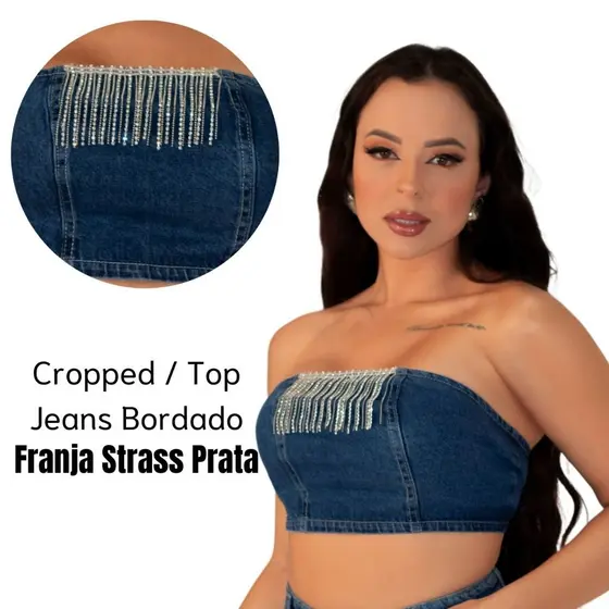 Cropped Top Jeans Feminino Bordado Franja Strass Sem Bojo Modelador Sem Elastano Brilho Luxo Ajuste Manual