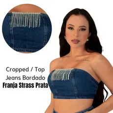 Cropped Top Jeans Feminino Bordado Franja Strass Sem Bojo Modelador Sem Elastano Brilho Luxo Ajuste Manual