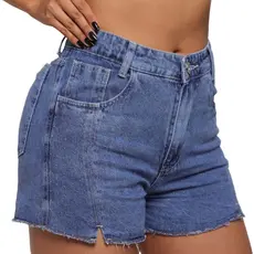 Short Jeans Feminino Recorte Lateral Cintura Alta Strass Sem Elastano 100% Algodão