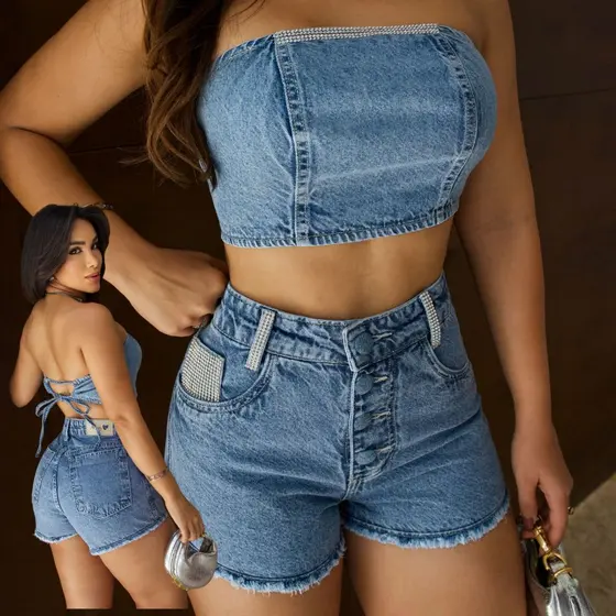 Conjunto Jeans Feminino Cropped Top Short Manta Strass Prata Brilho Cintura Alta Premium Sem Laicra