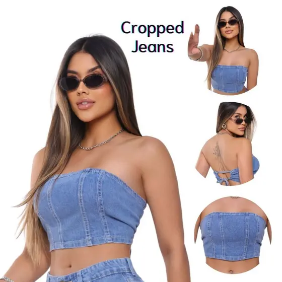 Cropped Top Jeans Feminino Premium Blusa Tomara Que Cai Sem Laicra Modelador Ajustável Sem Bojo 100% Algodão