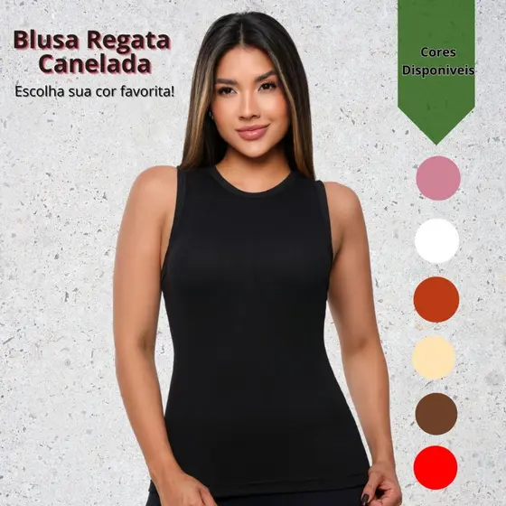 Blusa Regata Feminina Ribana Canelada Gola Redonda Básica Com Elastano Moda Casual Academia Verão Tendência