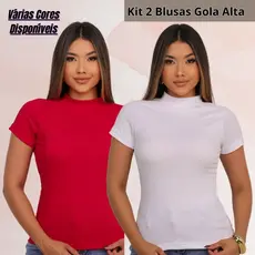 Kit 2 Blusas Feminina Gola Alta Canelada Manga Curta Toque Macio Segunda Pele Básica Lisa Estilosa Confortável