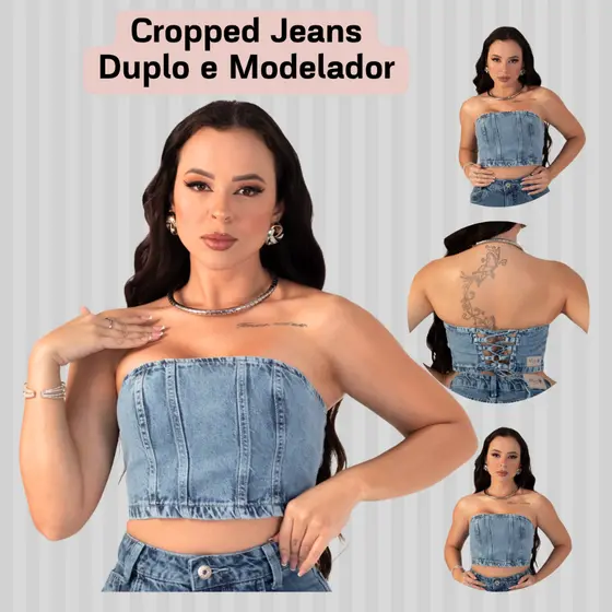 Top Cropped Jeans Feminino Tomara Que Cai Sem Bojo Ajustável Marmorizado Modelador Premium Moda Blogueira