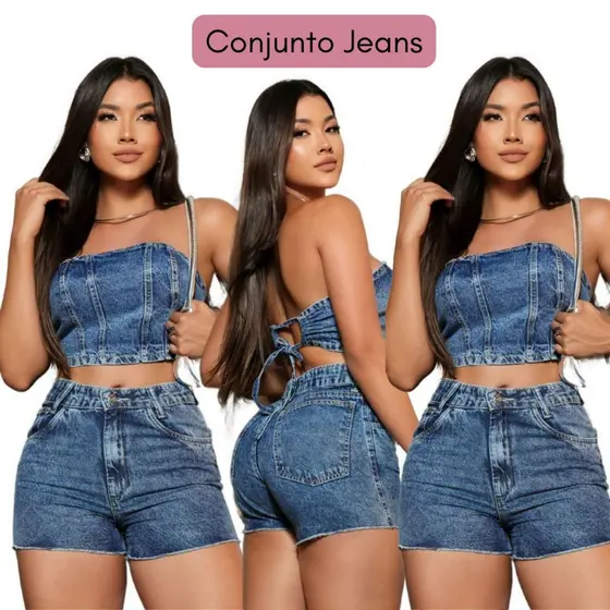 Conjunto Jeans Feminino Cropped Short Cintura Alta Marmorizado Americano Sem Elastano Laicra 100% Algodão