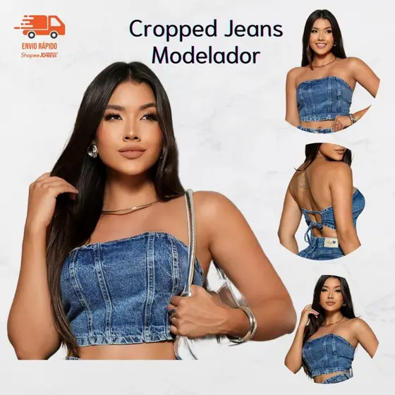 Cropped Top Jeans Feminino Sem Bojo Ajuste Manual Sem Laicra Sem Elastano 100% Algodão Modelador Carnaval Verão