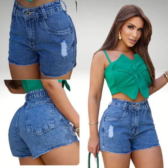 Short Jeans Feminino Premium Cintura Alta Marmorizado Leve Destroyde Barra Chuleada