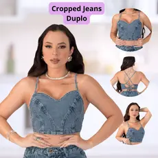 Cropped Top Jeans Feminino Alcinha Sem Bojo Ajustável Marmorizado Sem Elastano 100% Algodão Modelador