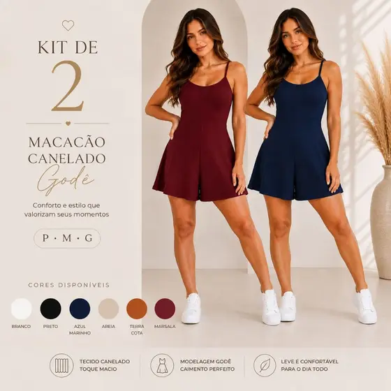 Kit 2 Macacão Godê Feminino Canelado Premium Curto Look Casual Confortável Básico Moda Blogueira