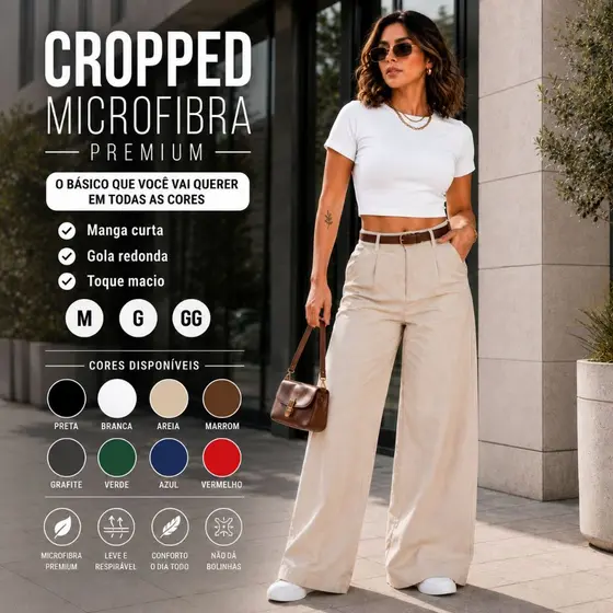 Blusa Cropped Feminina Microfibra Premium Manga Curta Gola Redonda Blogueira Básica