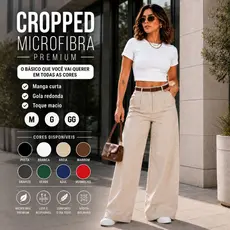 Blusa Cropped Feminina Microfibra Premium Manga Curta Gola Redonda Blogueira Básica