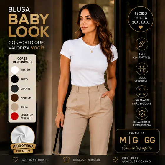 Blusa Feminina Microfibra Manga Curta Gola Redonda Blusinha Baby Look Básica SlimFit Confortável Casual