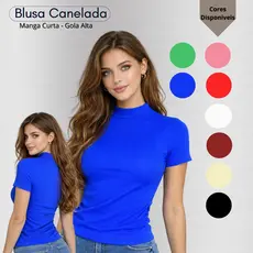 Blusa Feminina Canelada Manga Curta Gola Alta Moda Elegante Estilosa Confortável Segunda Pele Básica