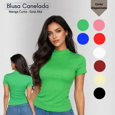 Blusinha Feminina Canelada Gola Alta Manga Curta Moda Elegante Estilosa Confortável Segunda Pele Básica