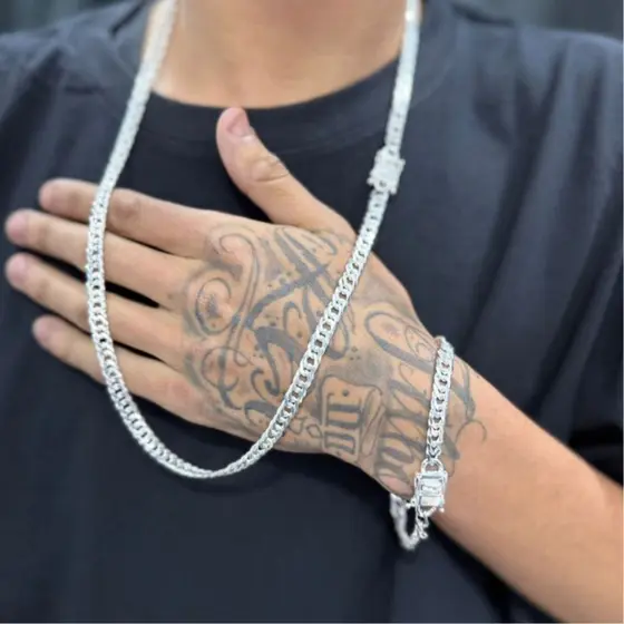 Kit corrente elo duplo 7mm 70cm com pulseira 7mm 20cm prata 925 masculina cordão mista