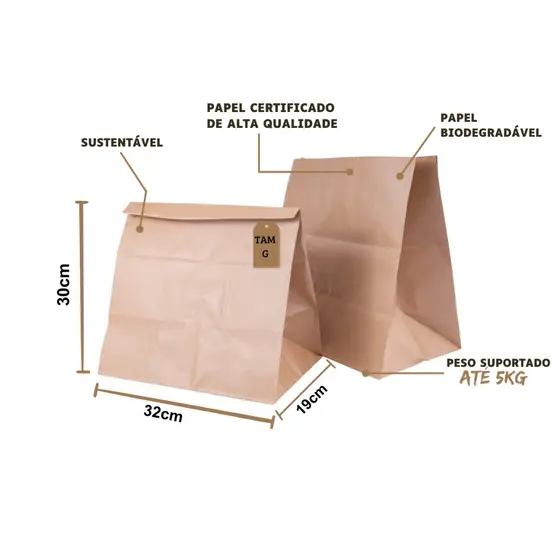 Kit Saco De Papel Tamanho G 30x32x19 Cm Kraft Lisa Na Cor Pardo - Para Delivery Food Presente Entrega