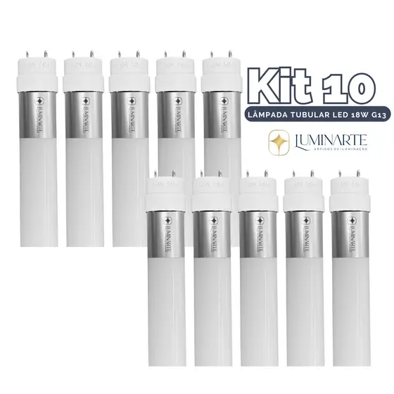Kit 10 Lâmpadas Led Tubular T8 Bivolt 18w 120cm G13 Vidro 6500k Branco Frio(LUZ BRANCA) - Luminarte