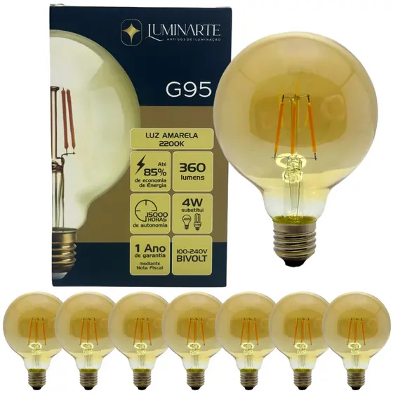 Kit 7 Lâmpadas Filamento Led G95 Âmbar Bivolt 4W 2200K Luz Amarela Luminarte