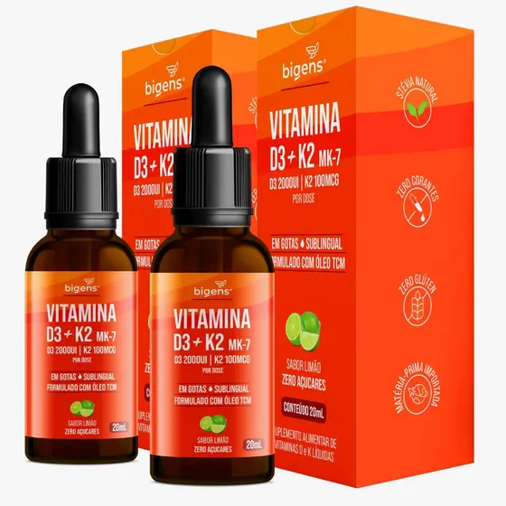 BIGENS KIT 2X VITAMINA D3 2000UI + K2 MK7 100MCG LIMÃO 20ML BIOGENS