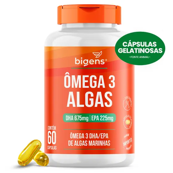 Ômega 3 Algas 🌱 | DHA 675mg + EPA 225mg | Origem Sustentável de Algas Marinhas | 60 Cáps | Bigens