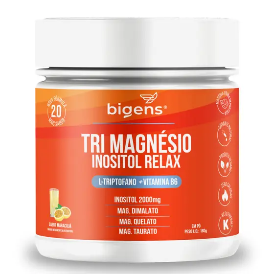 Tri Magnésio (dimalato, quelato, taurato) Inositol Relax, 180g, Bigens (Maracujá)