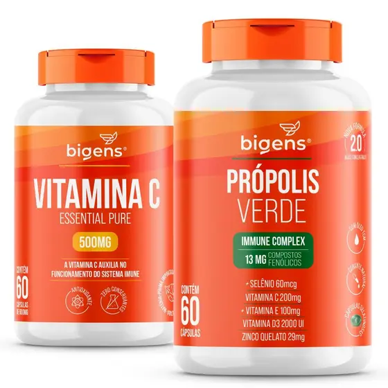 KIT IMUNIDADE PRÓPOLIS VERDE + VITAMINA C 500mg 60 Cápsulas | Zinco, Selênio e Vitaminas - BIGENS