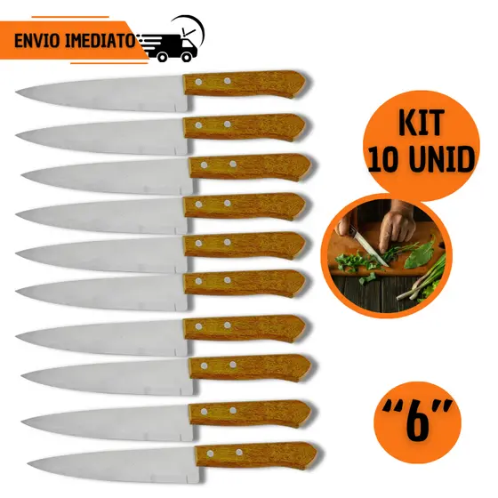 Kit 10 Facas de Cozinha de 6" em Inox Cabo Madeira Carne Cozinha Açougueiro