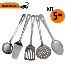 Kit Utensílios em Inox Concha Espátula Escumadeira Colher Arroz Cozinha Restaurante Buffet