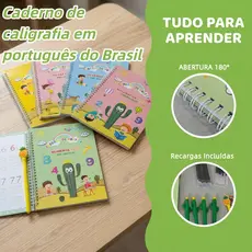 Kit de Caligrafia para Crianças: 4 Cadernos de Prática de Escrita Reutilizável com Caneta Mágica | Treino Alfabeto