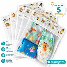 kit 5 Saquinhos Organizador Maternidade Multiuso para Roupas e Fraldas Estampa Safari