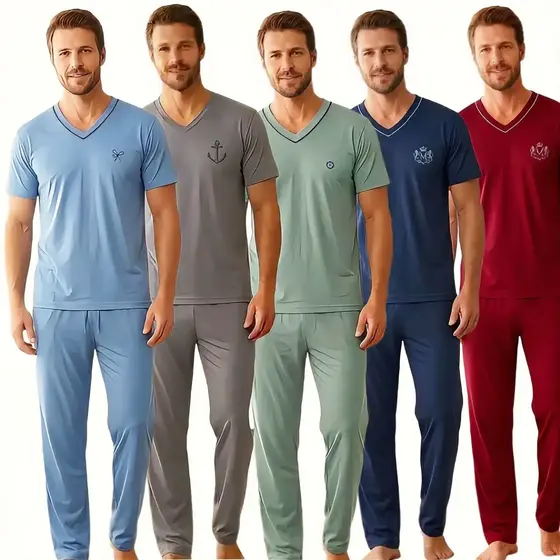Pijama Masculino Calça e Camiseta em Malha Premium Confortável Gola V no P M G GG Ref 091