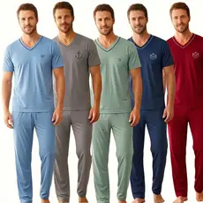 Pijama Masculino Calça e Camiseta em Malha Premium Confortável Gola V no P M G GG Ref 091