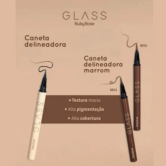 Caneta Delineadora Ruby Rose Glass Marrom Light Brown e Preta Traço Preciso Alta Pigmentação 0,6g