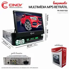 MP5 Multimidia Retratil 1 Din 7 Polegada Espelhamento Bluetooth Usb SD FM Cinoy YN Rad 1522